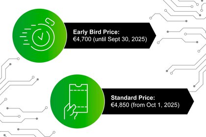 Eine Grafik. Zwei grüne Kreise mit Symbolen: Stoppuhr für Early Bird Preis von 4.700 Euro, gültig bis zum 30. September 2025, Ticket in Hand für Standardpreis von 4.850 Euro ab 1. Oktober 2025.