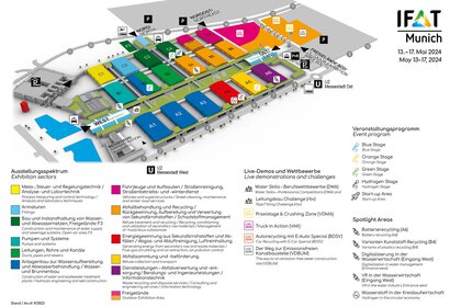 3D hall plan of IFAT Munich 2024 with colorfully colored halls and areas with respective legend.
