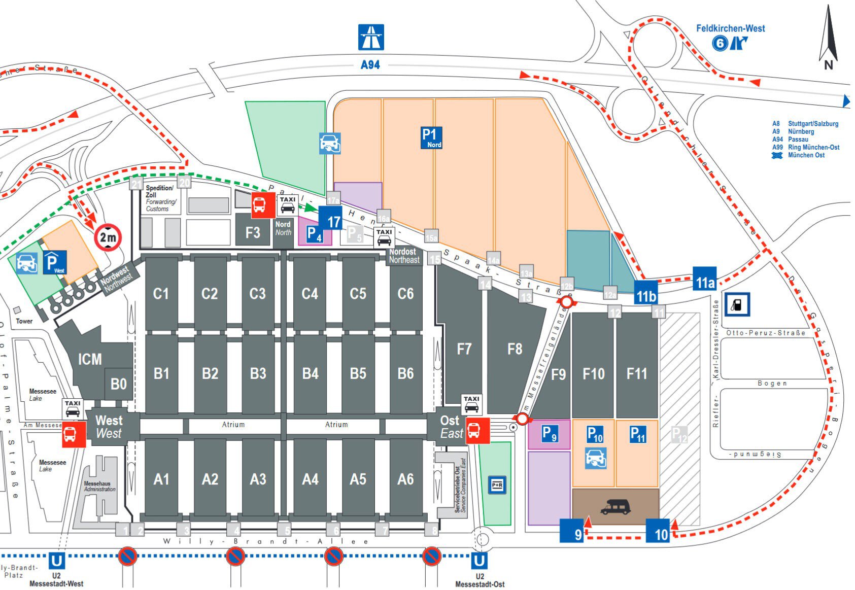 Map of the Messe München exhibition grounds, with hall names and various access routes marked.